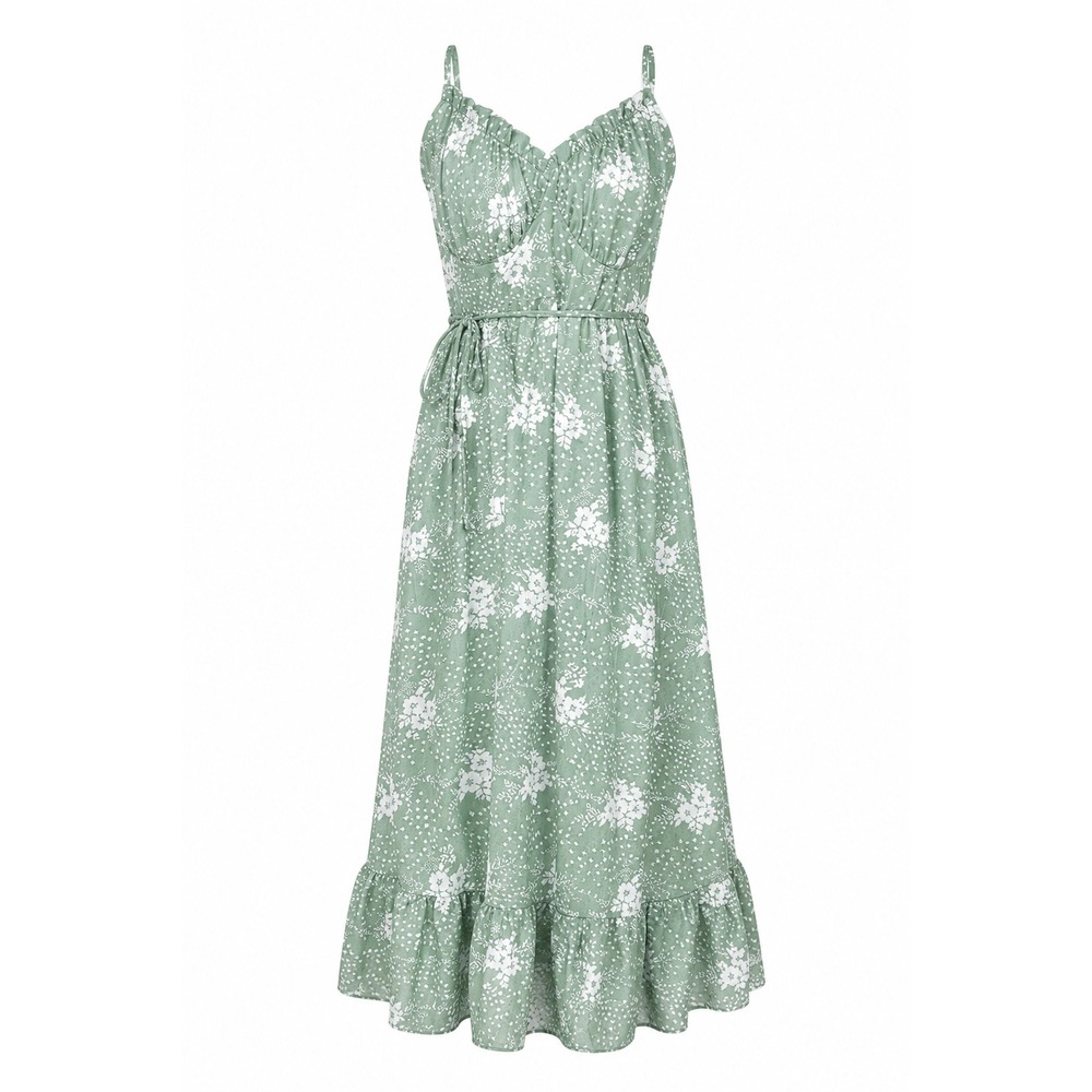 Simplee Sage Green Floral Ruffle Midi Dress small cottagecore summer garden tea